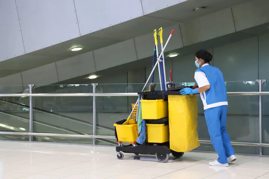 Professional cleaning worker at a commercial facility in San Antonio